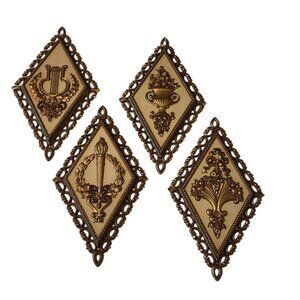 1972 MCM Wall Decor Ornate Gold Flower Diamonds Lot Of 4 Plastic Plaques HOMCO